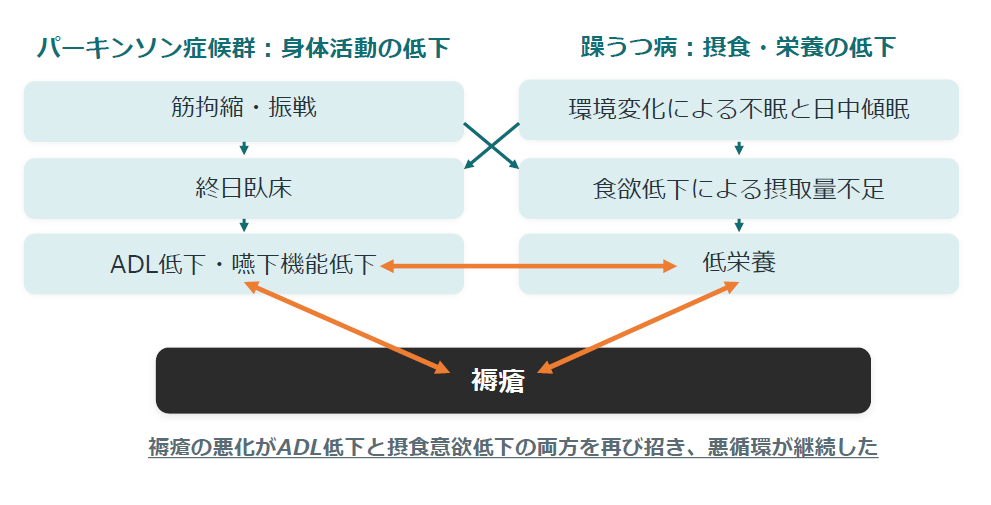 身体的・精神的要因と低栄養、褥瘡の悪循環を示す図